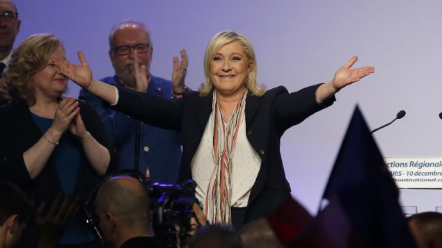 French far-right Front National (FN) president Marine Le Pen during a campaign rally in Paris, December 10, 2015 (AFP/Patrick Kovarik)